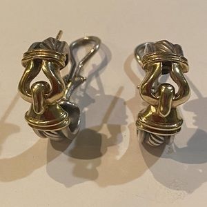 David  Yurman Sterling & 14k gold Thoroughbred Cable buckle hoop earrings